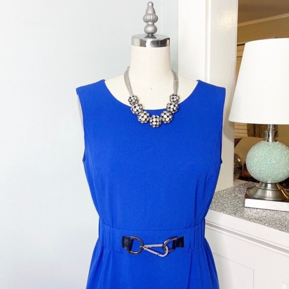 Calvin Klein Blue Sleeveless Sheath Dress with Elastic Buckle Waist Size 2 - Picture 3 of 10